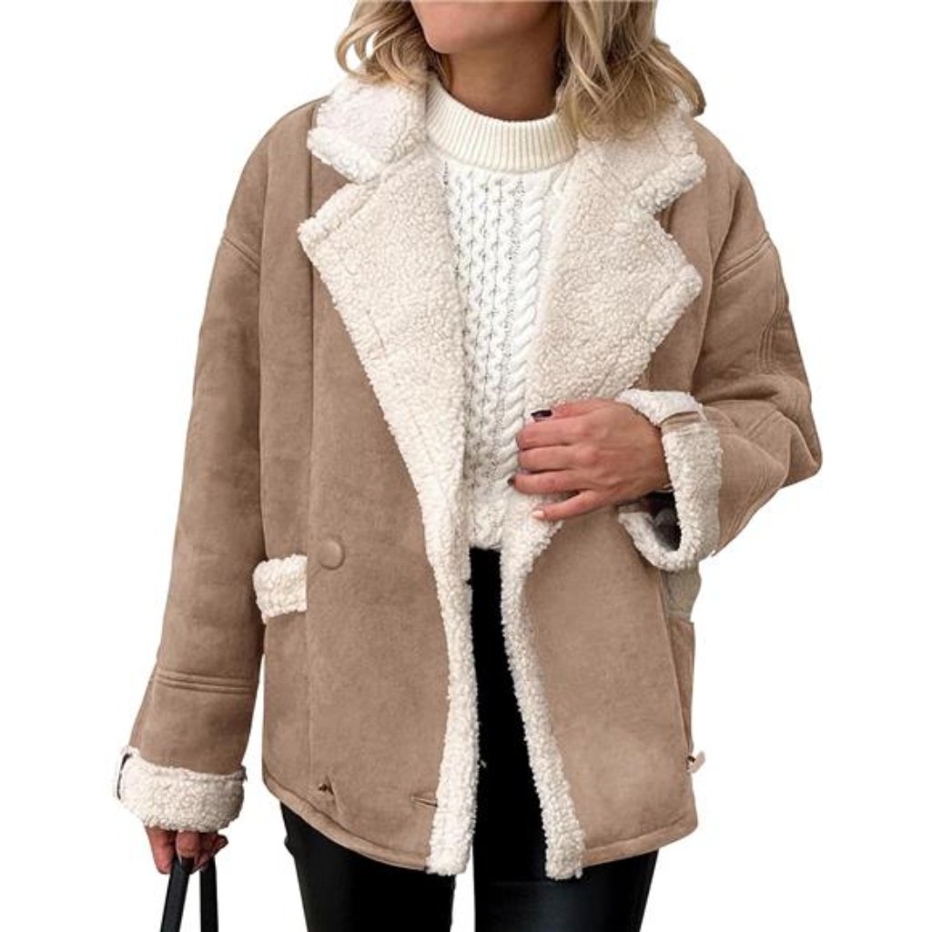 Women's Winter Faux Suede Coats Fleece Sherpa Lined Jacket Faux Fur Lapel Pocket